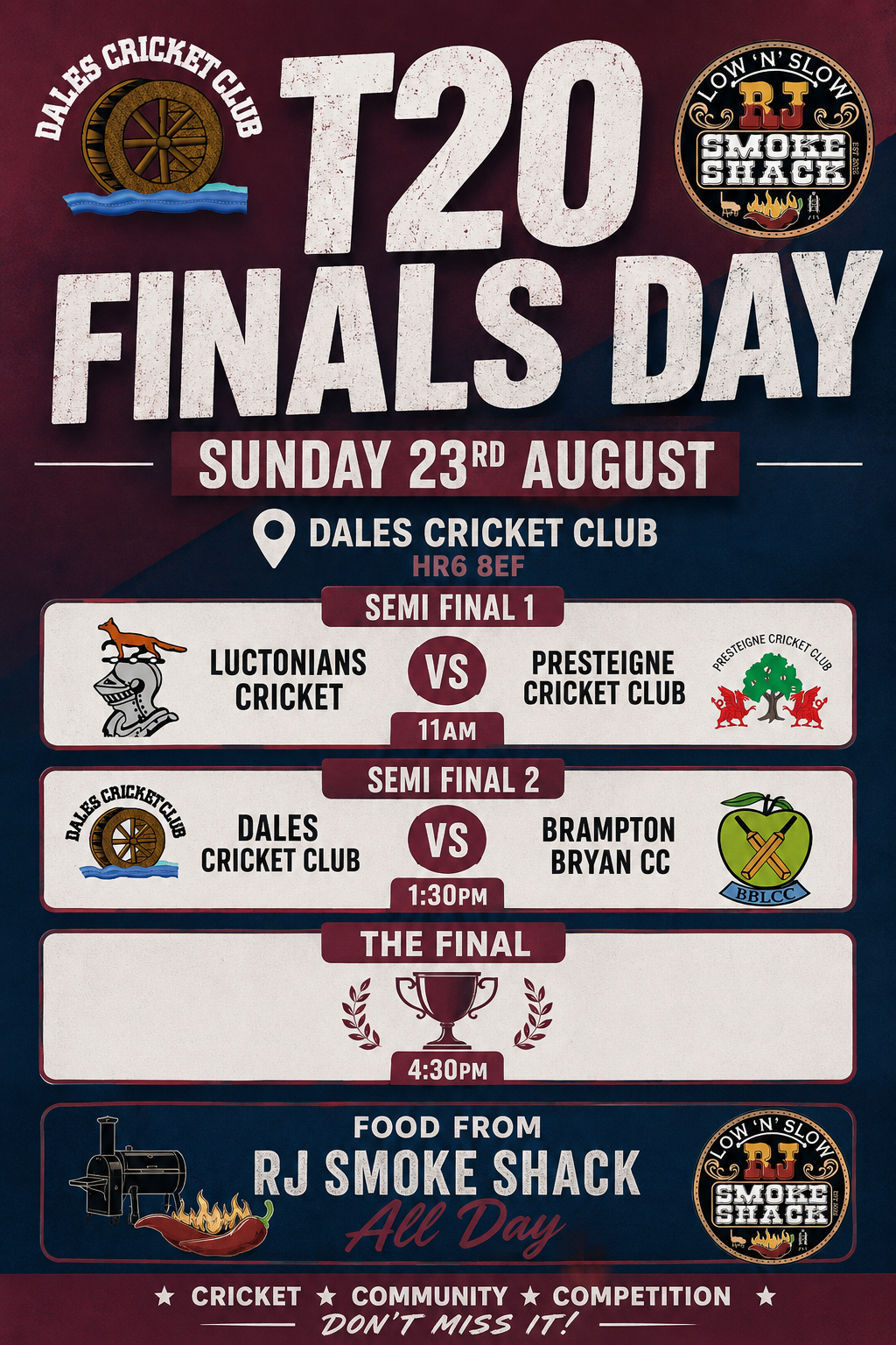 T20 Finals Day poster — Sunday 23rd August at Dales Cricket Club, Luctonians v Presteigne 11am